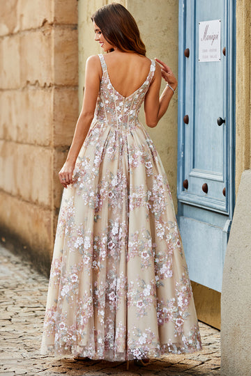 Charming A Line Square Neck Champagne Corset Ball Dress with Appliques